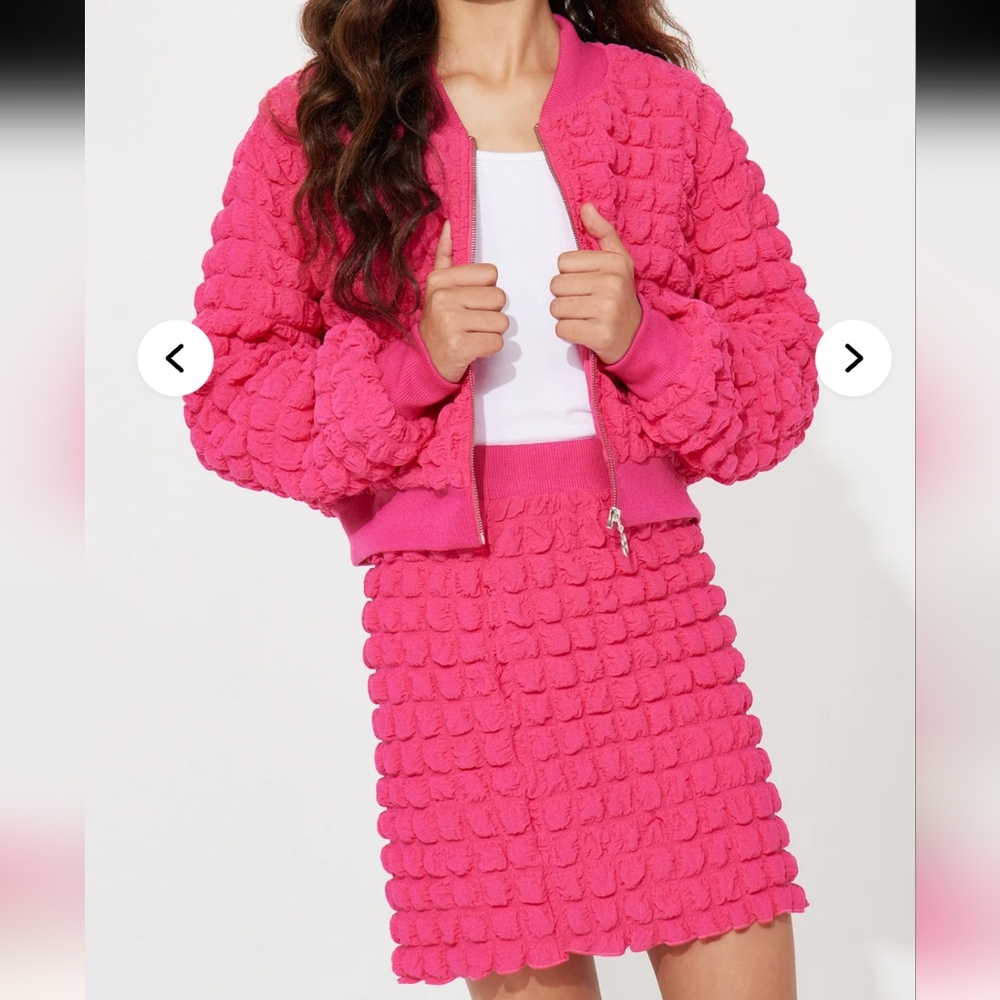 Pink Textured Bomber Jacket and Skirt Set
